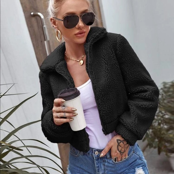 Teddy Coat Shearling Zip Up Collared Jacket Tan - Picture 3 of 7